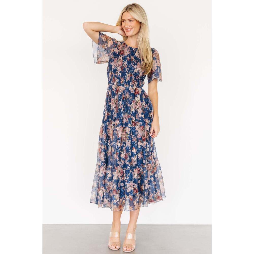 Baltic Born Mara Embroidered Tulle Dress | Dark Blue Multi Floral Size MM